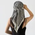 Retro black and white geometric print silk triangle scarf, elegant women hair wrap shawl. - Geometric(SJJ024) / Beige