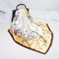 90cm botanical satin square scarf, elegant floral print silk-feel women neckerchief shawl. - D9067 - Yellow