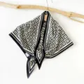 Black and white floral printed silk scarf, luxury style geometric triangle wrap for women. - Geometric(SJJ024) / Black