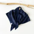Navy blue silk scarf detail shot, elegant white polka dot pattern on lightweight fabric. - Polka Dot(SJJ020) / Blue