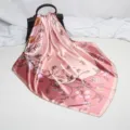 90cm pink satin silk square scarf with elegant floral and branch print for women fashion. - D9067 - Pink