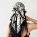 Vintage black and white paisley silk scarf triangle head wrap for women retro fashion headwear. - Beige