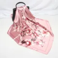 Pink floral satin square scarf 90cm elegant hair scarf silk-like women shawl headwrap - D9016-Pink
