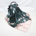Green pink satin silk square scarf 90cm plum blossom pattern women headscarf shawl - D9040-Green