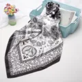 Classic black and white paisley silk scarf, 90cm square trendy women head wrap shawl. - D9017-Black