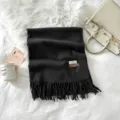 Solid black cashmere-feel fringed winter scarf, stylish warm long shawl and neck wrap. - 74.8*27.5inch / Black