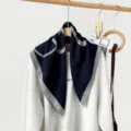 Classic 70cm Navy Blue Square Scarf with Elegant Grey Letter Print and Vintage Style - RZ6518 - Blue