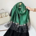 Green and black gradient sheer scarf with pearls and gold stripes, lightweight summer shawl. - Green