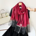 Women's Red Black Silk Scarf Pearl Sheer Lightweight Long Shawl Spring Summer New - Red Black