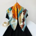 Satin large square scarf with abstract artistic print, soft and elegant for women's daily wear. - Cyan (Oil Painting)