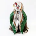 Luxurious silk scarf featuring an elegant carriage and chain print with a bold green border. - Green