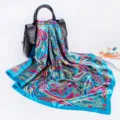 Women 88cm satin square scarf with vibrant paisley floral print, elegant fashion neckerchief. - Blue