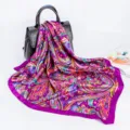 Elegant purple paisley print silk feel satin square scarf for women, fashion hijab neck wrap. - D9045 Rose Red