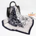 Elegant 88cm paisley silk square scarf for women, stylish neck and hair wrap design. - D9017-Navy Blue