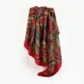 Classic red paisley print satin silk scarf detail showing intricate colorful design. - Red and Green