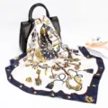 Luxury silk scarf women square satin headwrap baroque key print fashion neckerchief 88cm - D9052-Blue