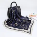 Elegant 88cm paisley satin silk square scarf, classic chain print women head wrap. - D9023-Beige Navy