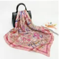 Pink paisley print satin square scarf detail, elegant floral pattern for women hair and neck styling. - D9168-Pink