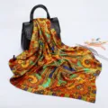 Colorful paisley print satin square scarf for women, elegant 88cm head wrap accessory. - D9048-Yellow Green