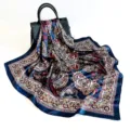 Women large square silk scarf with vintage ethnic paisley print, elegant fashion neckerchief. - D9046-Navy Blue