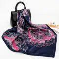 Elegant paisley print square scarf for women, silky satin hijab or neckerchief accessory. - D9230 - Dark Blue