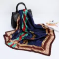 Luxury style women square silk scarf with classic striped chain print, 88cm elegant fashion wrap. - D9024-Navy Blue