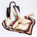 Elegant women satin square scarf with classic stripe and chain design, luxury style. - D9024-Beige