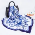 Chic blue and white porcelain print square silk scarf, elegant satin shawl for women. - D9050 - Blue and White Porcelain