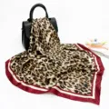 Brown leopard print square scarf silk feel satin large headscarf for women fashion accessory - D9198-Red Edge