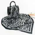 Black and white leopard print square scarf women silk satin stylish neckerchief 90cm - D9198 - Black