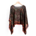 Detailed view of the retro paisley printed women pullover shawl, elegant teal and orange floral pattern. - TL11008 Paisley