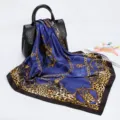Luxury baroque chain leopard print square silk scarf for women fashion hair accessory 90cm - D9189-Black Navy