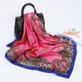 Pink and royal blue square satin scarf featuring luxury leopard and gold chain print 90cm - D9189-Rose Red
