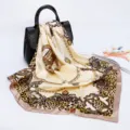 Brown leopard chain print satin square scarf, elegant 90cm fashion scarf for women. - D9189 - Light Yellow