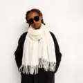 White solid imitation cashmere tassel scarf detail, cozy knit winter shawl for women. - Milky White
