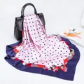 Elegant 90cm imitation silk square scarf with pink polka dots and chic bow border detail. - D9388-Blue Pink