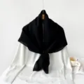 Solid black square scarf, pleated cotton linen texture, elegant women sun protection wrap. - Black