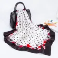 Elegant women's silk feel square scarf with classic polka dots and stylish plaid border design. - D9388-Black