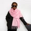 Elegant solid color pink cashmere-feel scarf with fringe, perfect for women winter daily wear. - Pink