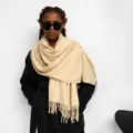 Solid color imitation cashmere tassel scarf, stylish long winter warm shawl for women. - Beige