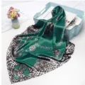 Green satin square scarf with chic leopard and chain print, elegant 90cm fashion accessory. - D9189-Green