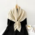 Beige solid color pleated square scarf for women, elegant neck wrap and chic head covering. - Champagne