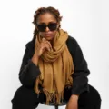 Solid color imitation cashmere scarf with long tassels, warm and stylish winter accessory. - Camel