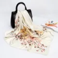 Elegant 90cm satin floral print square scarf, luxury silk feel head wrap for women. - D9026-Beige Apricot