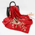 Red floral satin square silk scarf for women, 90cm vintage neckerchief and head wrap. - D9026-Red