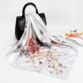 Silver satin floral square scarf 90cm, elegant hair scarf and chic handbag accessory for women. - D9026-Grey
