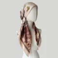 Satin silk scarf cap for women, elegant floral butterfly print head wrap for summer sun protection. - Butterfly Khaki Edge