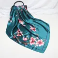 90cm satin floral square scarf for women, elegant teal silk feel hair band and neck shawl. - D9016-Dark Green
