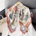 Exquisite 90cm square silk scarf featuring vintage floral and animal print for women spring. - Brick Red