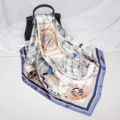 Luxury Nautical Print Silk Scarf 90cm Satin Square Shawl Fashion Women Headscarf - D9228-Blue